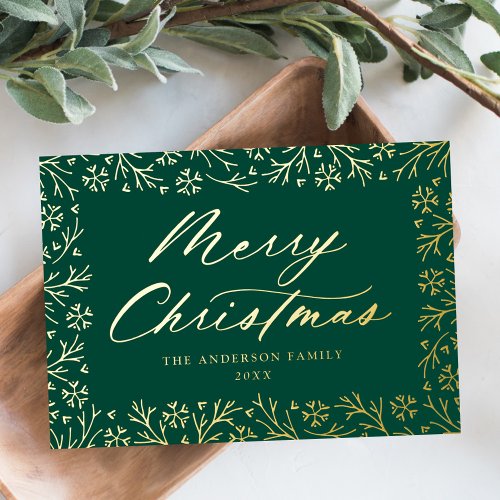 Elegant Snowflake Frame Non_Photo Green and Gold Foil Holiday Card
