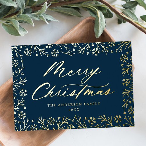 Elegant Snowflake Frame Non_Photo Navy and Gold Foil Holiday Card