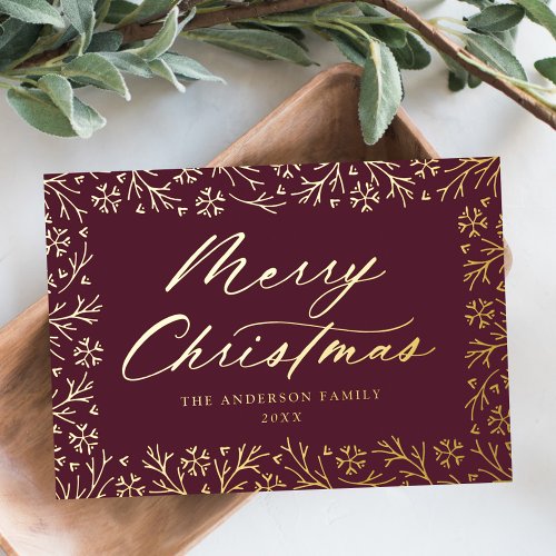 Elegant Snowflake Frame Non_Photo Purple and Gold Foil Holiday Card