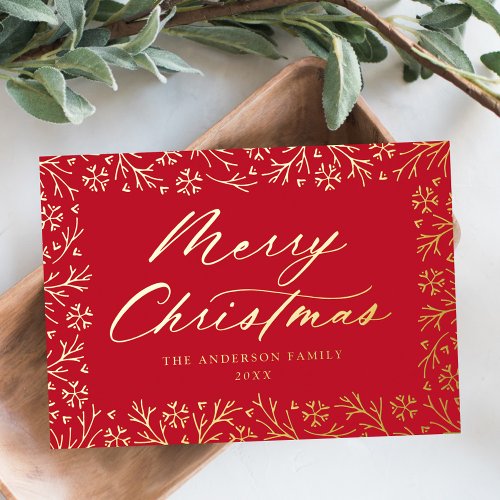 Elegant Snowflake Frame Non_Photo Red and Gold Foil Holiday Card