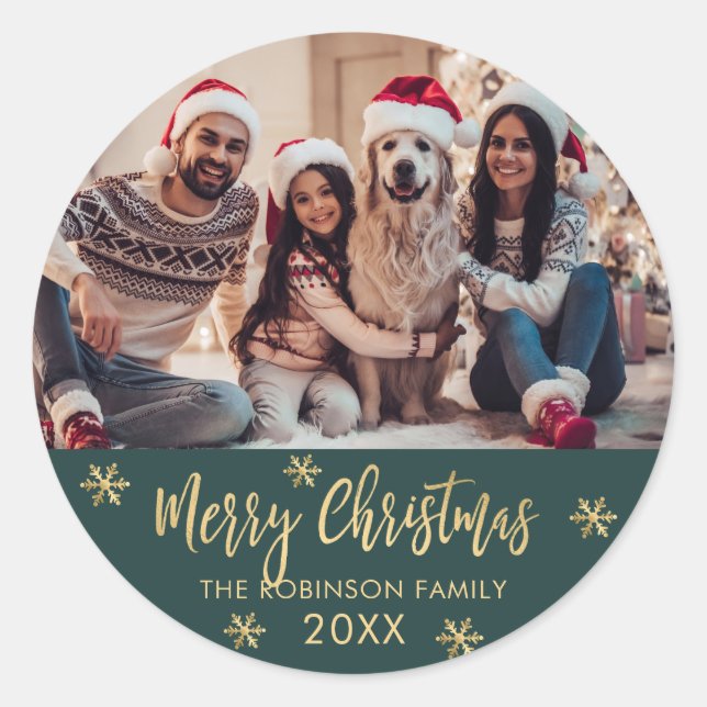 Elegant Snowflake Green and Gold Photo Christmas Classic Round Sticker (Front)