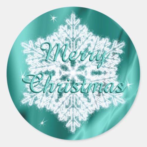 Elegant Snowflake Merry Christmas Teal Green Classic Round Sticker