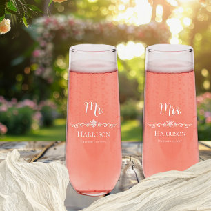 Elegant Snowflake Mr. and Mrs. Name   Date Wedding Stemless Champagne Flute