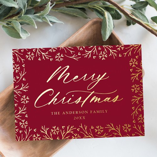 Elegant Snowflake Non_Photo Cranberry and Gold Foil Holiday Card