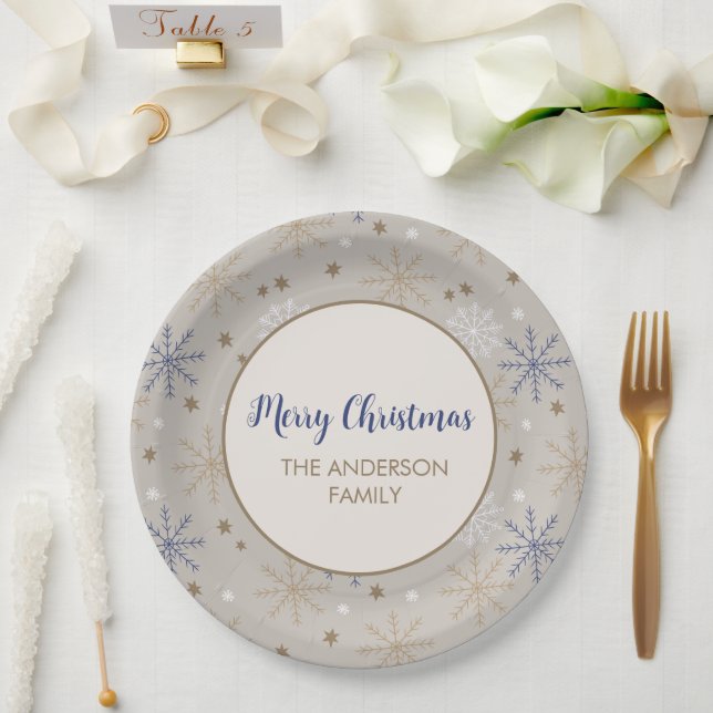 Elegant Snowflake Pattern Beige Paper Plates (Wedding)