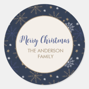 Elegant Snowflake Pattern Dark Blue Classic Round Sticker