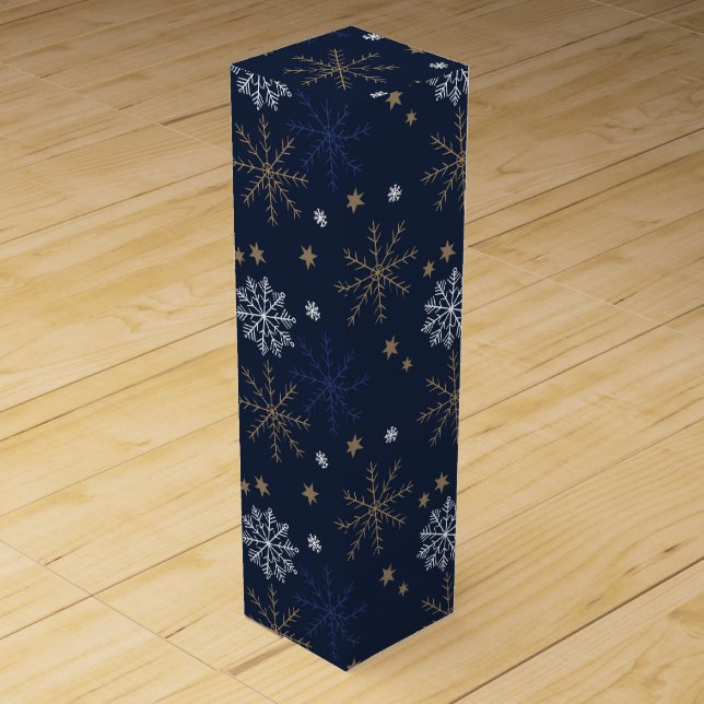 Elegant Snowflake Pattern Dark Blue Wine Box (Front)
