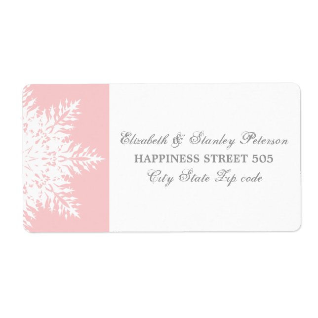Elegant snowflake pink, white winter wedding label (Front)