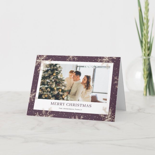 Elegant Snowflake Purple Photo Christmas Card (Front)