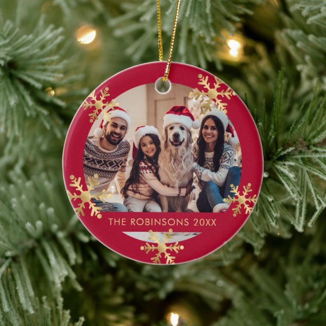 Elegant Snowflake Red and Gold Photo Christmas Ceramic Ornament (Tree)