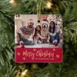 Elegant Snowflake Red and Gold Photo Christmas Ceramic Ornament<br><div class="desc">Modern Elegant Script Snowflake Red and Gold Photo Merry Christmas Script Holiday Ceramic Ornament. Features one) photo template „Merry Christmas” text. The „Merry Christmas” greeting text is written in a beautiful hand lettered whimsical font script and around gold snowflakes on red color background. This Ceramic Ornament Cute gift for your...</div>