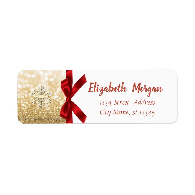 Elegant Snowflake,Red Bow Gold Glitter Holiday Label (Front)