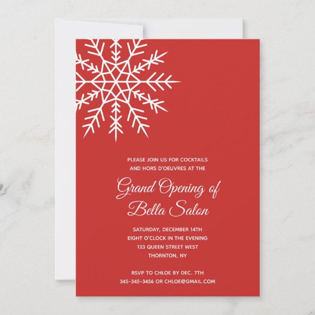 Elegant Snowflake Red Holiday Grand Opening Invitation (Front)