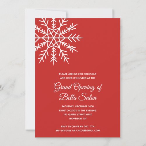 Elegant Snowflake Red Holiday Grand Opening Invitation