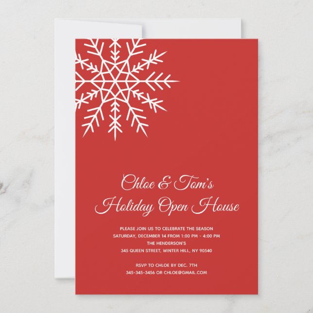 Elegant Snowflake Red Holiday Open House Invitation (Front)