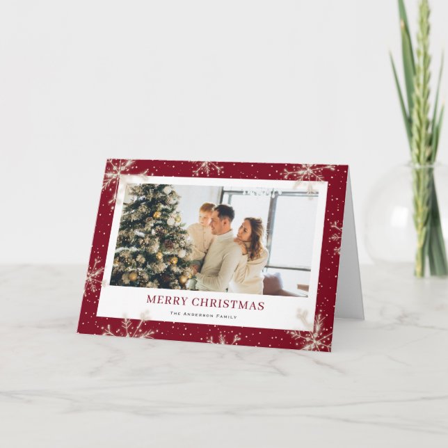 Elegant Snowflake Red Photo Merry Christmas Card (Front)
