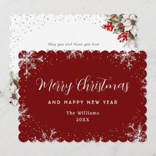 Elegant Snowflake Red Silver Botanical Holiday Card