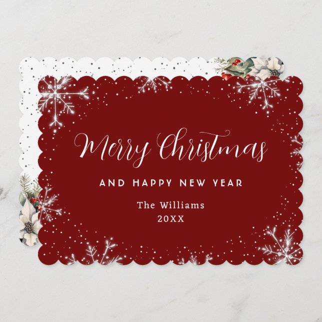 Elegant Snowflake Red Silver Botanical Holiday Card (Front/Back)