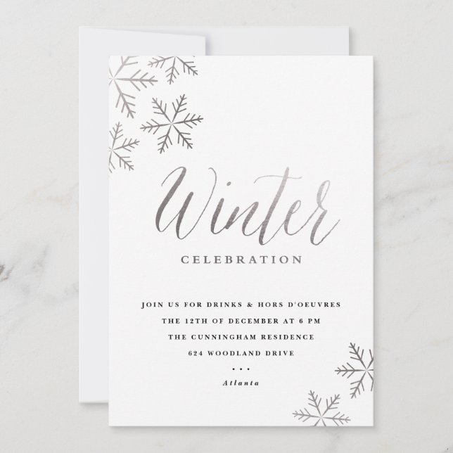 Elegant Snowflake silver winter party Invitation (Front)