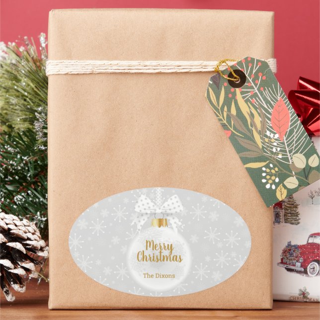 Elegant Snowflake White Ornament Christmas Oval Sticker (Holiday)
