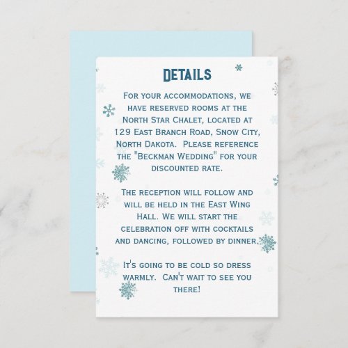 Elegant Snowflake Winter White Wedding Detail Enclosure Card