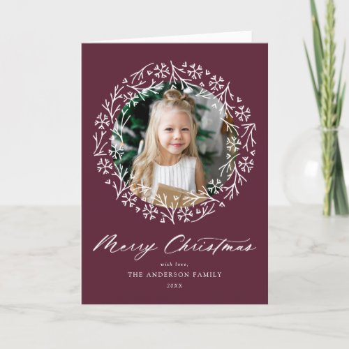 Elegant Snowflake Wreath Berry 2 Photo Holiday Card