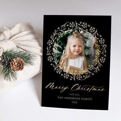 Elegant Snowflake Wreath Black Photo Foil Holiday Card
