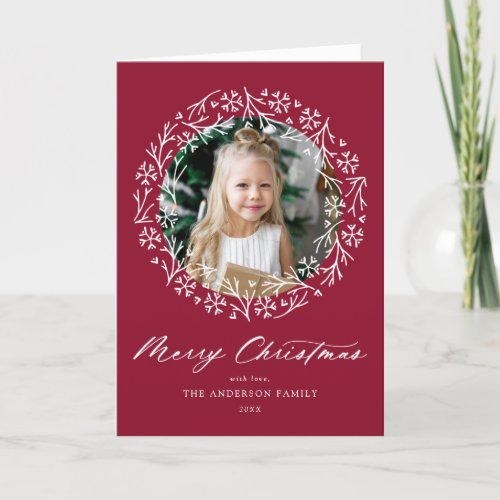 Elegant Snowflake Wreath Cranberry 2 Photo Holiday Card