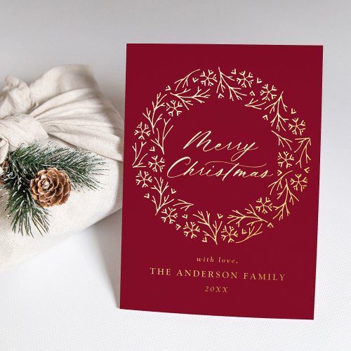 Elegant Snowflake Wreath Cranberry Non_Photo Gold Foil Holiday Card