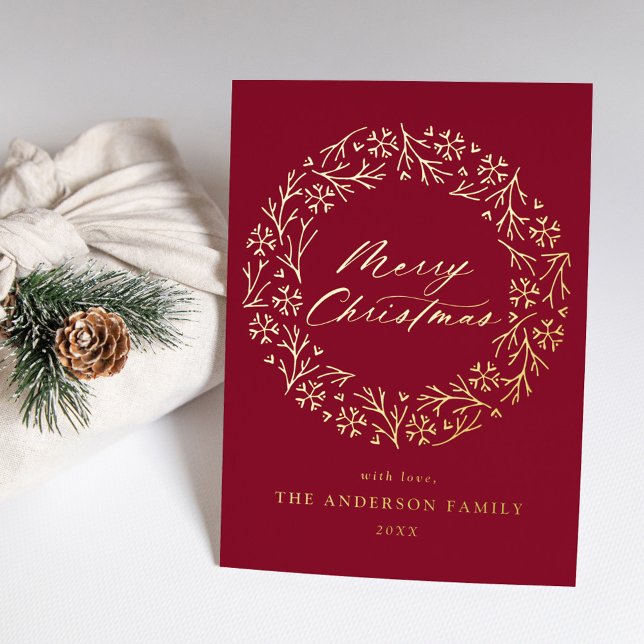 Elegant Snowflake Wreath Cranberry Non-Photo Gold Foil Holiday Card (Creator Uploaded)