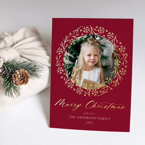 Elegant Snowflake Wreath Cranberry Photo Foil Holiday Card