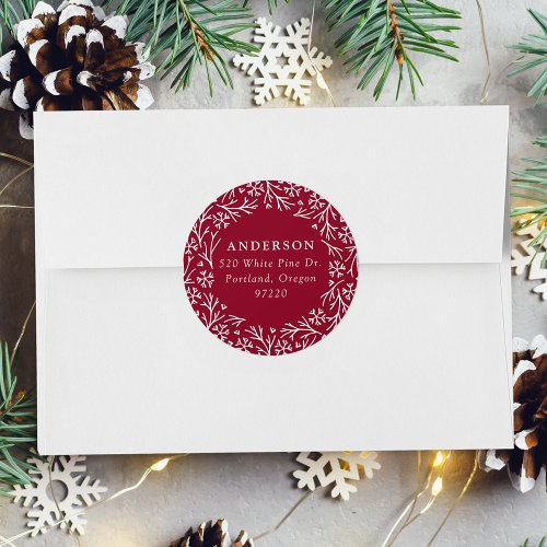 Elegant Snowflake Wreath Cranberry Return Address Classic Round Sticker