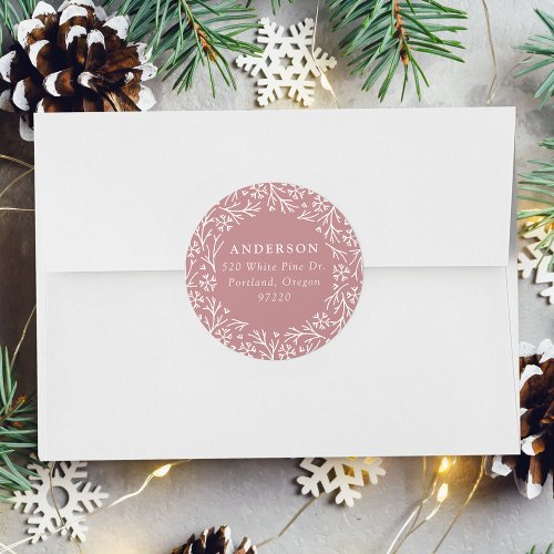 Elegant Snowflake Wreath Dusty Rose Return Address Classic Round Sticker