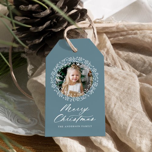 Elegant Snowflake Wreath Frost Blue Holiday Photo Gift Tags