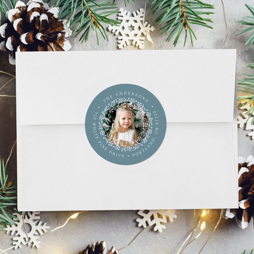 Elegant Snowflake Wreath Frost Blue Return Address Classic Round Sticker