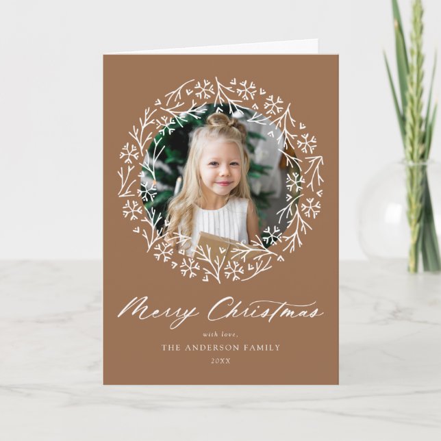 Elegant Snowflake Wreath Gingerbread 2 Photo Holiday Card (Front)