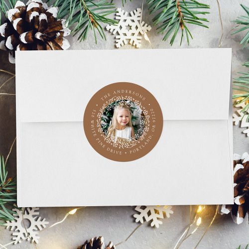 Elegant Snowflake Wreath Gingerbread Address Classic Round Sticker