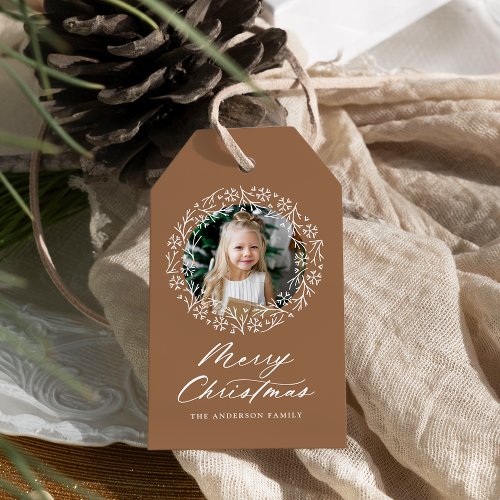 Elegant Snowflake Wreath Gingerbread Holiday Photo Gift Tags