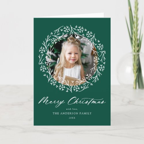 Elegant Snowflake Wreath Green 2 Photo Holiday Card