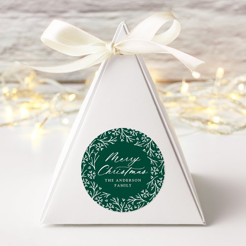 Elegant Snowflake Wreath Green Merry Christmas Classic Round Sticker