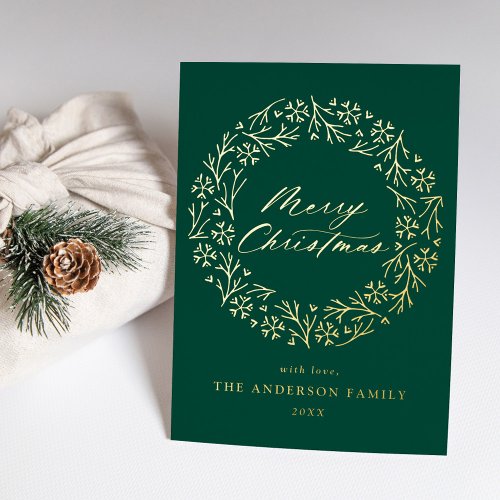 Elegant Snowflake Wreath Green Non_Photo Gold Foil Holiday Card