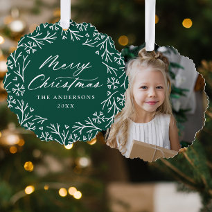 Elegant Snowflake Wreath Green Photo Christmas Ornament Card