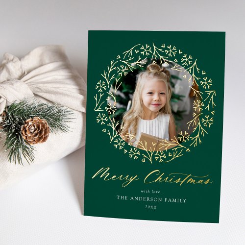 Elegant Snowflake Wreath Green Photo Foil Holiday Card