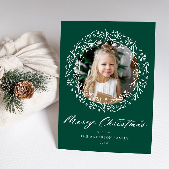 Elegant Snowflake Wreath Green Photo Holiday Card (Creator Uploaded)