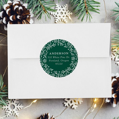 Elegant Snowflake Wreath Green Return Address Classic Round Sticker