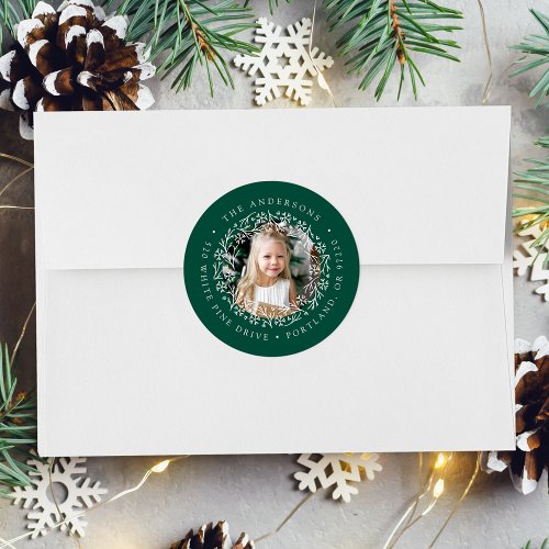 Elegant Snowflake Wreath Green Return Address Classic Round Sticker
