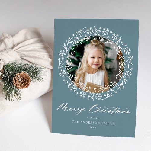 Elegant Snowflake Wreath Light Blue Photo Holiday Card
