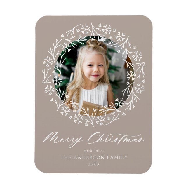 Elegant Snowflake Wreath Mocha Photo Magnet (Vertical)