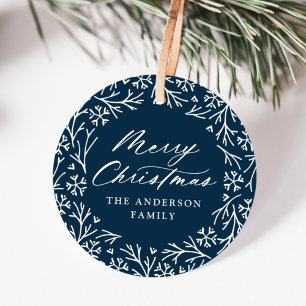 Elegant Snowflake Wreath Navy Christmas Favor Tags