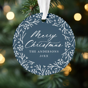 Elegant Snowflake Wreath Navy Christmas Photo Ornament